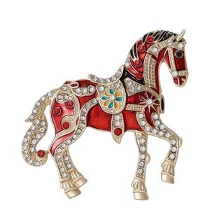 Elegant Red Horse Brooch with Crystals
